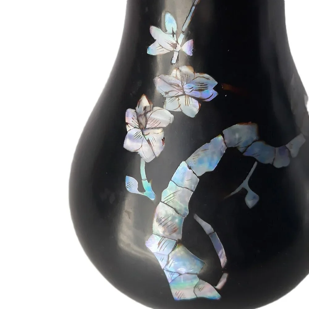 Asian Black Lacquer Mother of Pearl Inlay Bud Vase